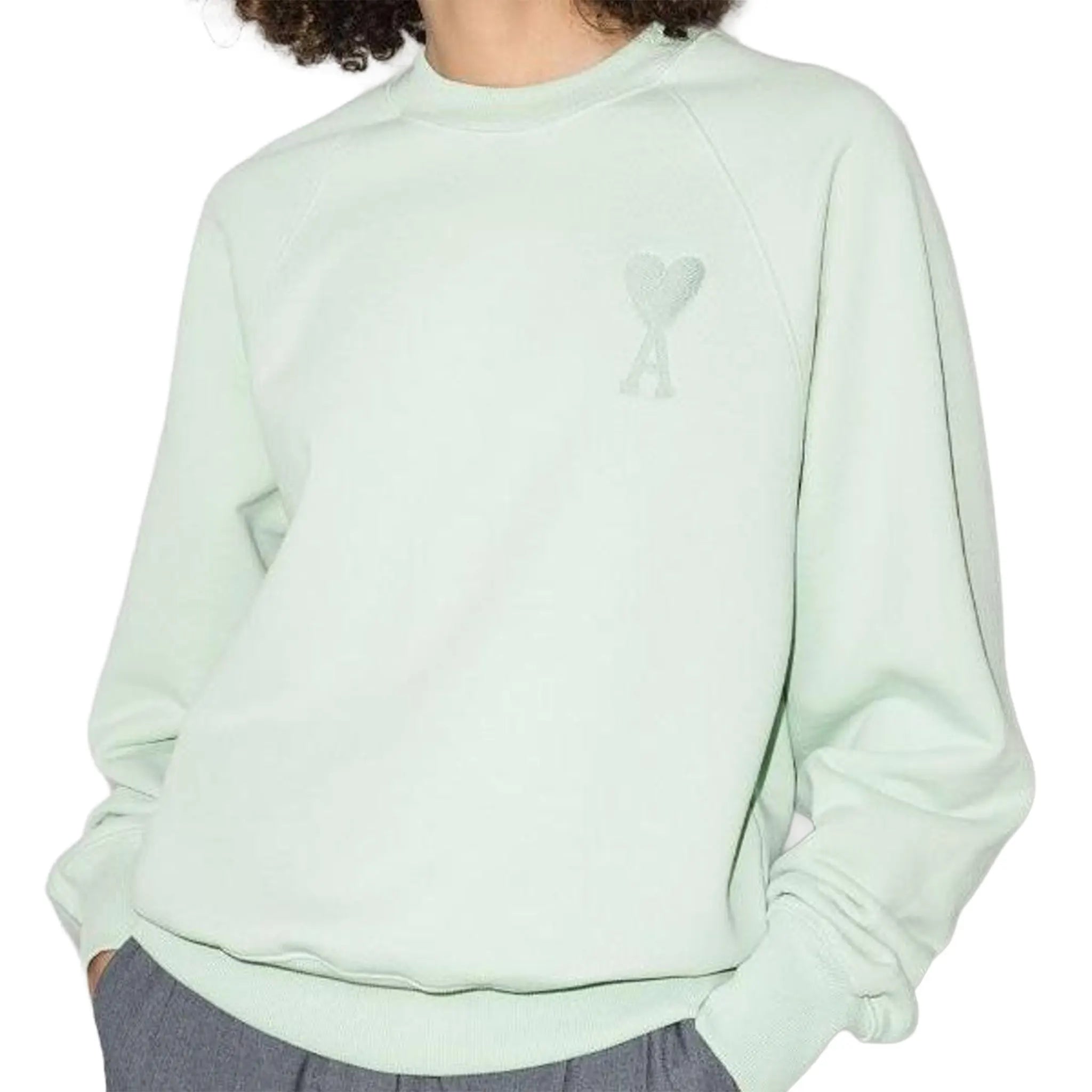Model View of Ami Paris Ami De Coeur Tonal Aqua Green Sweatshirt USW002747-441